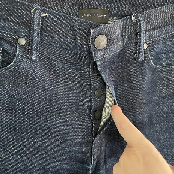 John Elliott Dark Wash Button Fly Straight Leg Selvedge Jeans - Picture 4 of 11